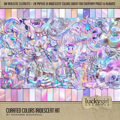 Collect the entire series of Curated Colors! Access your digital art in easy-to-use coordinated color palettes. Add these iridescent and holographic embellishments and papers by Lucky Girl Creative digital art to all your digital scrapbooking pages and mix-and-match them on various projects throughout the year! Iridescent embellishments include angel wings, bird, dolphin, octopus, seahorse, unicorn, whale, puppy dog, balloon, wedding bell, glass bottle, ribbon, bow, bowtie, bubble, baseball cap, and hat.