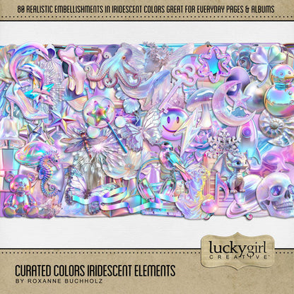 Collect the entire series of Curated Colors! Access your digital art in easy-to-use coordinated color palettes. Add these iridescent and holographic embellishments by Lucky Girl Creative digital art to all your digital scrapbooking pages and mix-and-match them on various projects throughout the year! Iridescent embellishments include angel wings, bird, dolphin, octopus, seahorse, unicorn, whale, puppy dog, balloon, wedding bell, glass bottle, ribbon, bow, bowtie, bubble, baseball cap, hat, clothes, fabric.