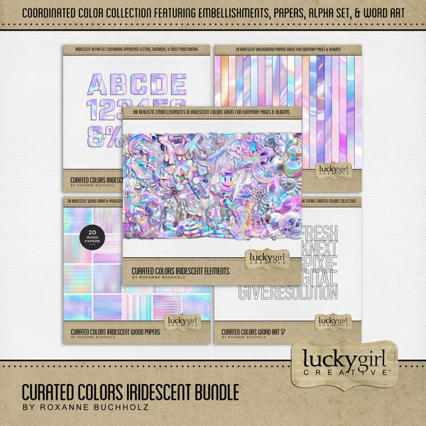 Collect the entire series of Curated Colors! Access your digital art in easy-to-use coordinated color palettes. Add these iridescent and holographic embellishments, papers, alpha set, and everyday word art by Lucky Girl Creative digital art to all your digital scrapbooking pages and mix-and-match them on various projects throughout the year! Iridescent embellishments include angel wings, bird, dolphin, octopus, seahorse, unicorn, whale, puppy dog, balloon, wedding bell, glass bottle, ribbon, bow, and more.