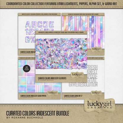 Collect the entire series of Curated Colors! Access your digital art in easy-to-use coordinated color palettes. Add these iridescent and holographic embellishments, papers, alpha set, and everyday word art by Lucky Girl Creative digital art to all your digital scrapbooking pages and mix-and-match them on various projects throughout the year! Iridescent embellishments include angel wings, bird, dolphin, octopus, seahorse, unicorn, whale, puppy dog, balloon, wedding bell, glass bottle, ribbon, bow, and more.