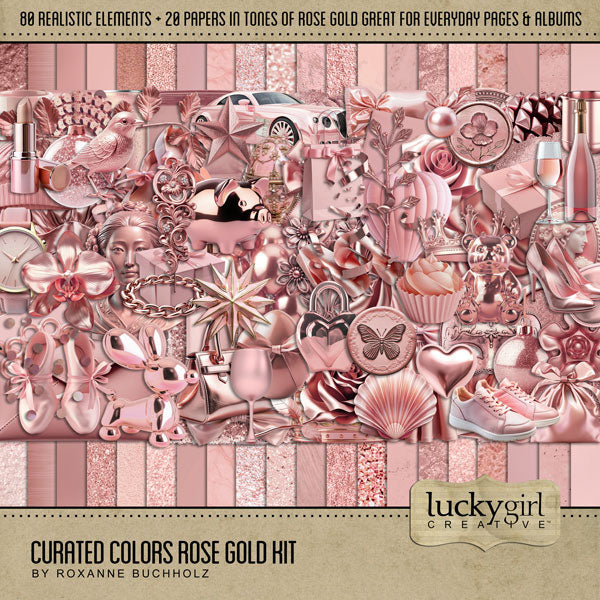 Collect the entire series of Curated Colors by Lucky Girl Creative digital art! Access your digital art in easy-to-use coordinated color palettes. Add these rose gold embellishments and papers to all your digital scrapbooking pages and mix-and-match them on various projects throughout the year! Embellishments include ballet slippers, balloon animal, balloons, banner, bicycle, bike, bird, ribbon, bow, bow tie, branch, leaf, bust, Asian woman, candy, car, automobile, cell phone, bracelet, blouse, and more.