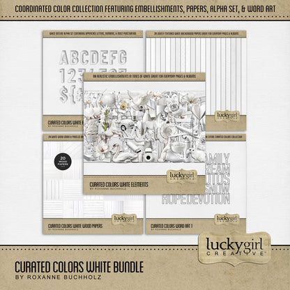 Collect the entire series of Curated Colors by Lucky Girl Creative digital art! Access your digital art in easy-to-use coordinated color palettes. Add these white embellishments, textured and wood papers, alpha set, and everyday wire word art to all your digital scrapbooking pages and mix-and-match them on various projects throughout the year! Embellishments include airplane, jet, geese, goose, dove, swan, horse, bunny rabbit, unicorn, wolf, architectural detail, arrows, car, and more.