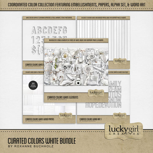 Collect the entire series of Curated Colors by Lucky Girl Creative digital art! Access your digital art in easy-to-use coordinated color palettes. Add these white embellishments, textured and wood papers, alpha set, and everyday wire word art to all your digital scrapbooking pages and mix-and-match them on various projects throughout the year! Embellishments include airplane, jet, geese, goose, dove, swan, horse, bunny rabbit, unicorn, wolf, architectural detail, arrows, car, and more.