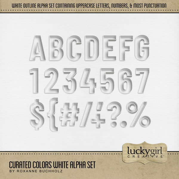 Collect the entire series of Curated Colors by Lucky Girl Creative digital art! Access your digital art in easy-to-use coordinated color palettes. Add these white outline letters, numbers, and punctuation to all your digital scrapbooking pages and mix-and-match them on various projects throughout the year! The Curated Colors White Alpha Set consists of a full set of digital art uppercase alphabet letters A-Z, numbers 0-9, and most punctuation marks.