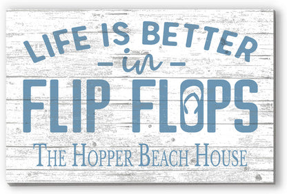 Custom Beach House Sign – “Life Is Better in Flip Flops” | Personalized Family Name Coastal Wall Art