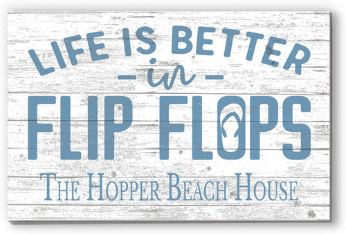 Custom Beach House Sign – “Life Is Better in Flip Flops” | Personalized Family Name Coastal Wall Art