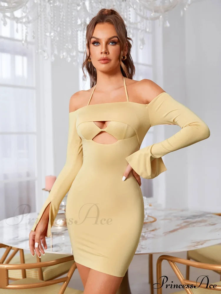 Cut Out Tie Trendy Backless Halter Bodycon Dress Beige / Xs Dresses