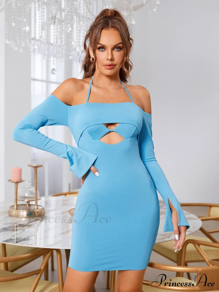 Cut Out Tie Trendy Backless Halter Bodycon Dress Blue / Xs Dresses