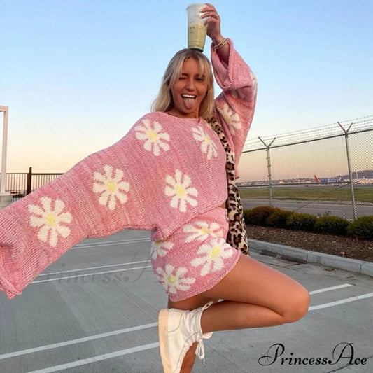 Cute Floral Print Pullover Knit Classic Shorts Matching Set - Khaki S / Pink Sets
