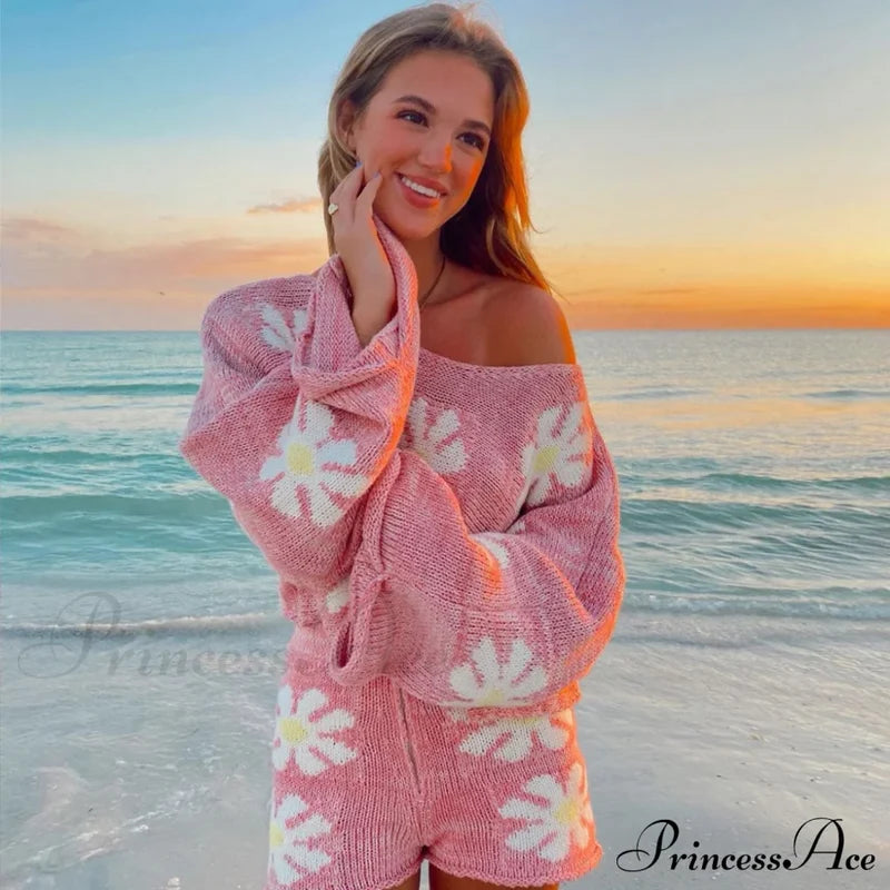 Cute Floral Print Pullover Knit Classic Shorts Matching Set - Khaki M / Pink Sets