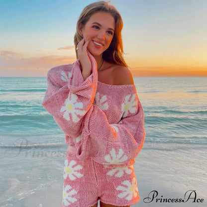 Cute Floral Print Pullover Knit Classic Shorts Matching Set - Khaki M / Pink Sets