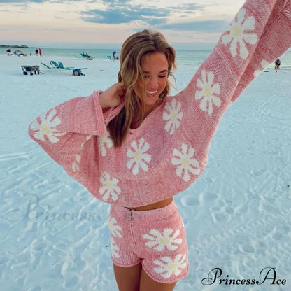 Cute Floral Print Pullover Knit Classic Shorts Matching Set - Khaki L / Pink Sets