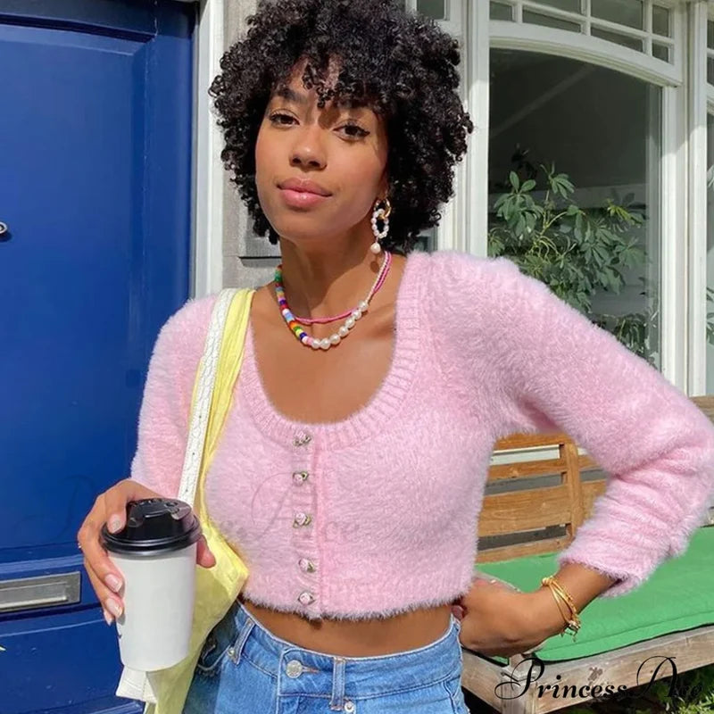 Cute Flower Cable Knit Bishop Classic Sleeve Crop Pullover Sweater - Yellow S / Pink Sweaters