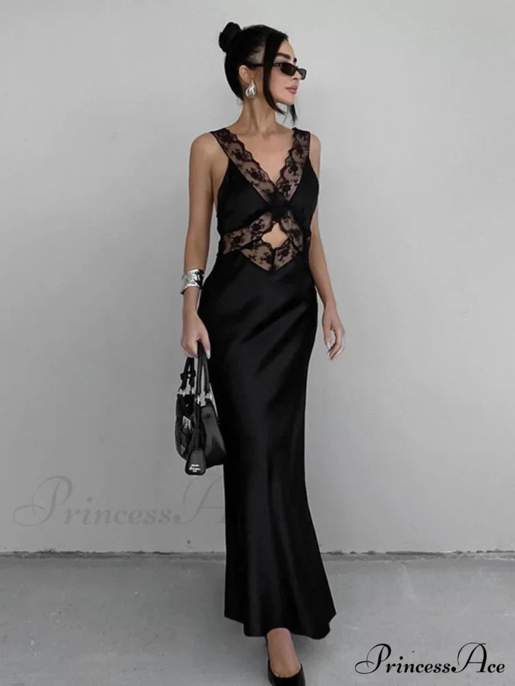 Cutout Lace Trim Trendy Stain Long Dress Dresses