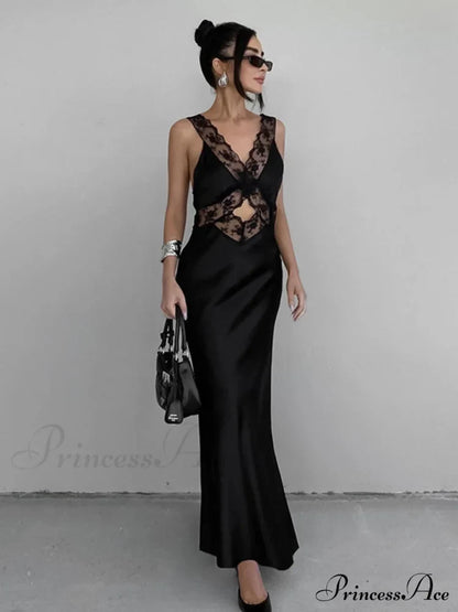 Cutout Lace Trim Trendy Stain Long Dress Dresses
