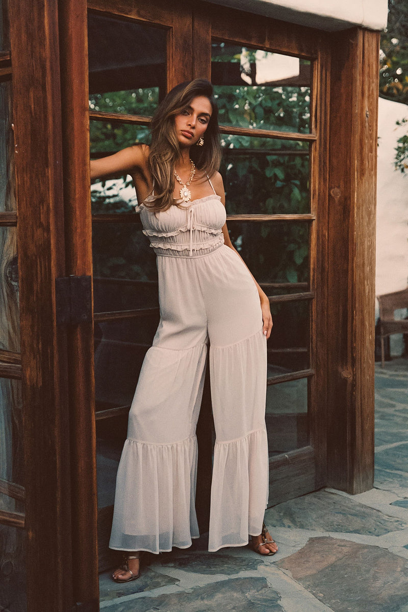 Close-up of the Dahlia Blush Chiffon Jumpsuit showcasing the chiffon texture and craftsmanship.