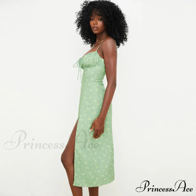 Daisy Printed Puff Sleeve High Classic Slit Smock Maxi Sundress - White M / Light Green Sun Dresses