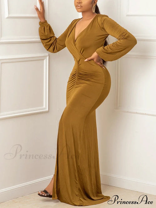 Deep V-Neck Sequins Trendy Slit Maxi Dress Brown / L Dresses