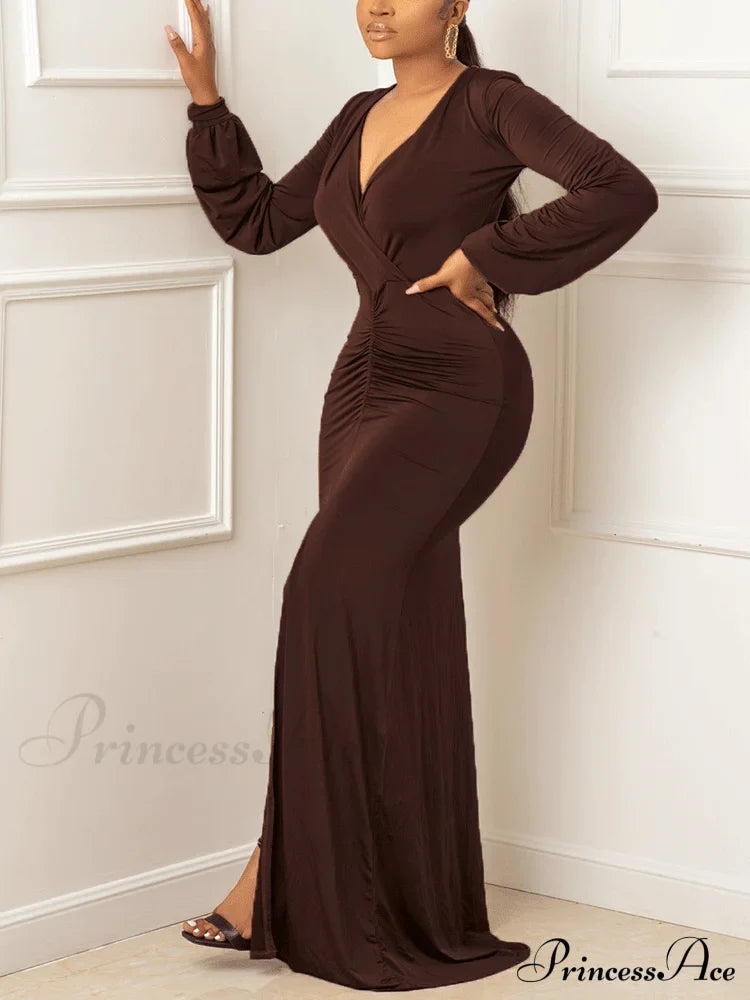 Deep V-Neck Sequins Trendy Slit Maxi Dress Coffee / L Dresses