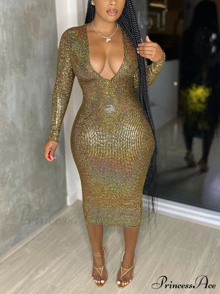 Deep V Neck Trendy Lace Up Mini Dress Gold / M Dresses
