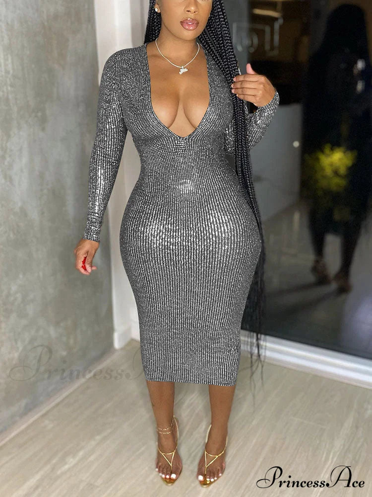 Deep V Neck Trendy Lace Up Mini Dress Silver / M Dresses