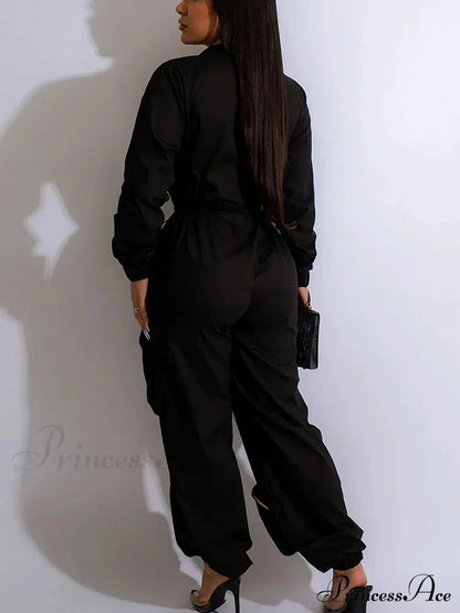 Deep V Shawl Collar Bishop Classic Sleeve Puffer Jacket - Black Jumpsuits & Rompers