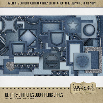 Denim and Diamonds are always the perfect accessory to your everyday digital scrapbooking pages! Great for kids, teens, boys, men, work, western, glitz, glam, sports, school fashion, and more. All journaling cards are 4x6, 6x4, or 6x6 and created from a denim blue jean texture and rhinestone diamonds.