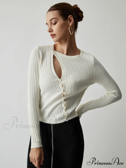 Diagonal Buttoned Rib Trendy Long Sleeve Top Sweaters-L