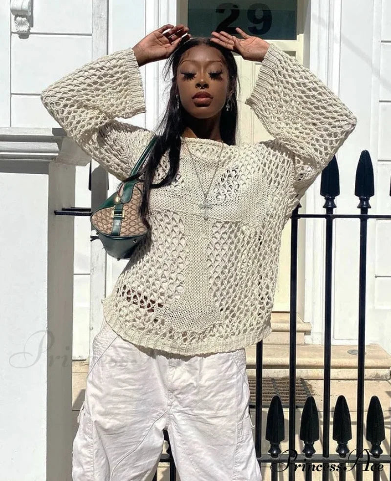 Distressed Cross Fishnet Design Hollow Out Sweater Free From Label