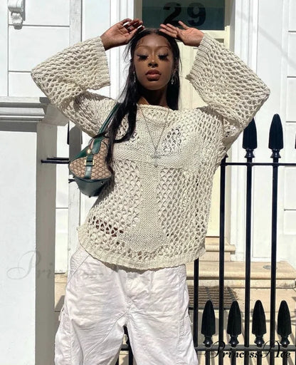 Distressed Cross Fishnet Design Hollow Out Sweater Free From Label