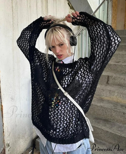 Distressed Cross Fishnet Design Hollow Out Sweater Free From Label