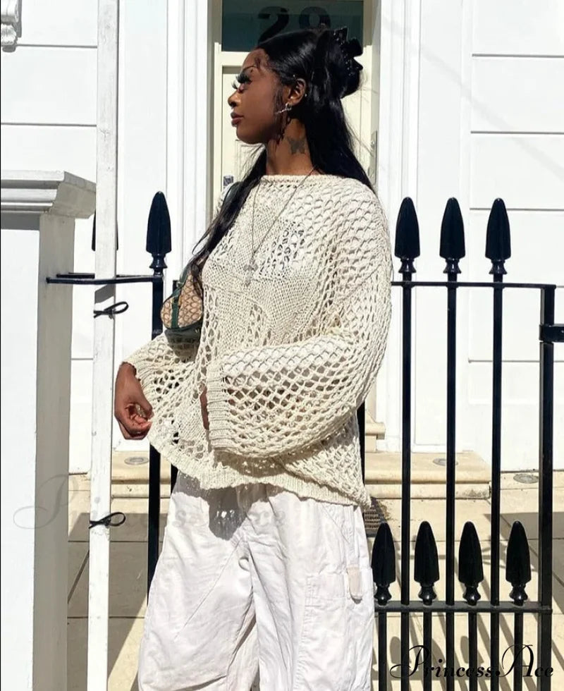 Distressed Cross Fishnet Charming Design Hollow Out Sweater Sweaters-L