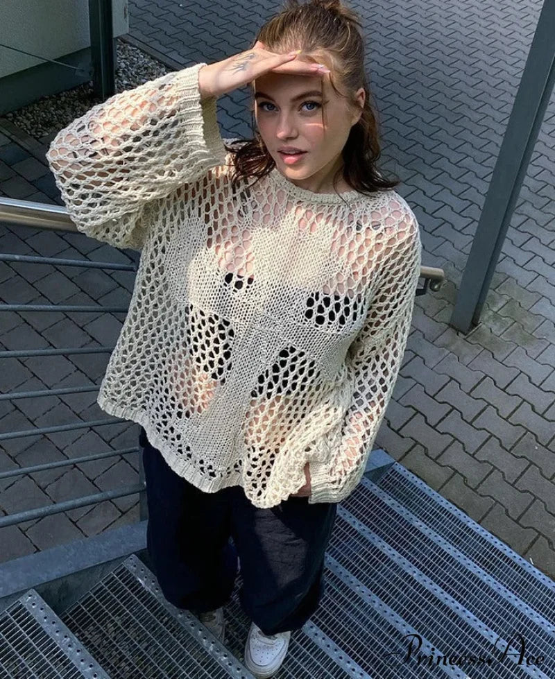 Distressed Cross Fishnet Charming Design Hollow Out Sweater Sweaters-L