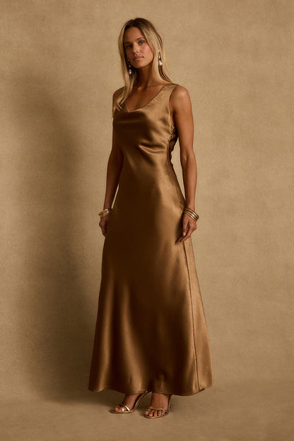 Dolce Bronze Satin Maxi Dress