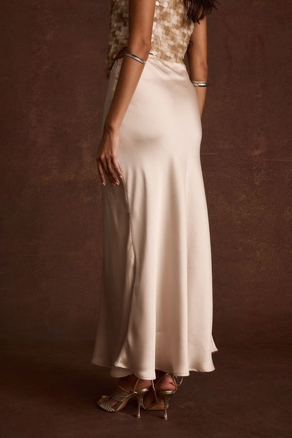 Dolce Champagne Satin Maxi Skirt styled in a complete look from an alternate angle.