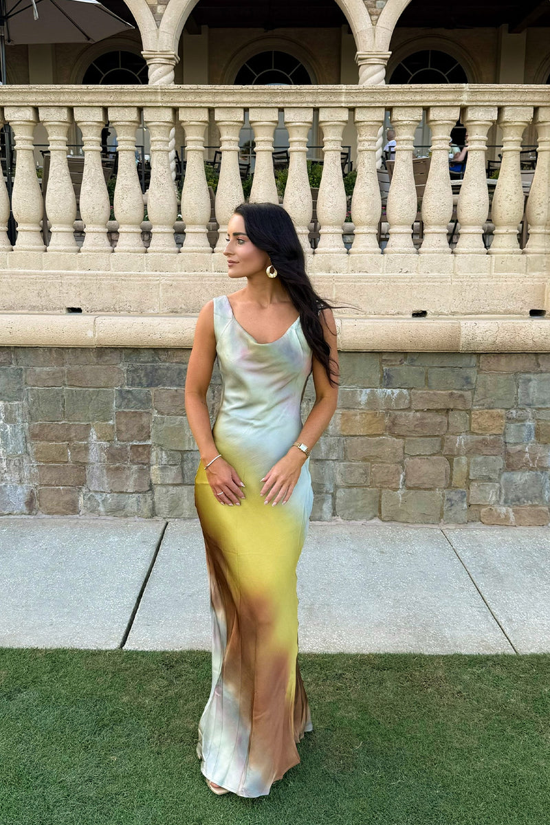 Additional view of the Dolce Golden Ombre Cowl Maxi Dress from a different perspective.