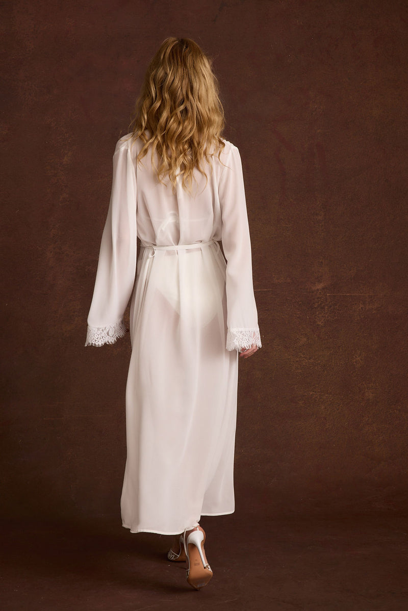 Close-up of the Dove White Bridal Robe showcasing the fabric texture and design details.
