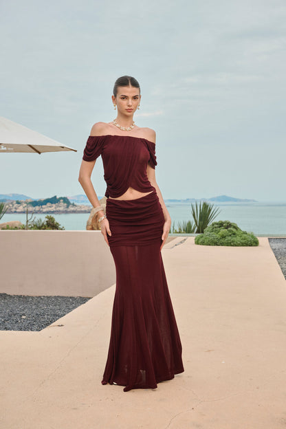 Draped off-shoulder ruched maxi set