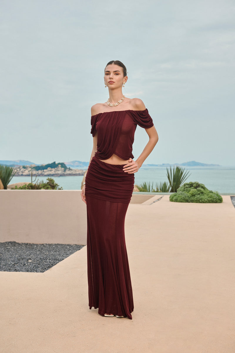 Draped off-shoulder ruched maxi set