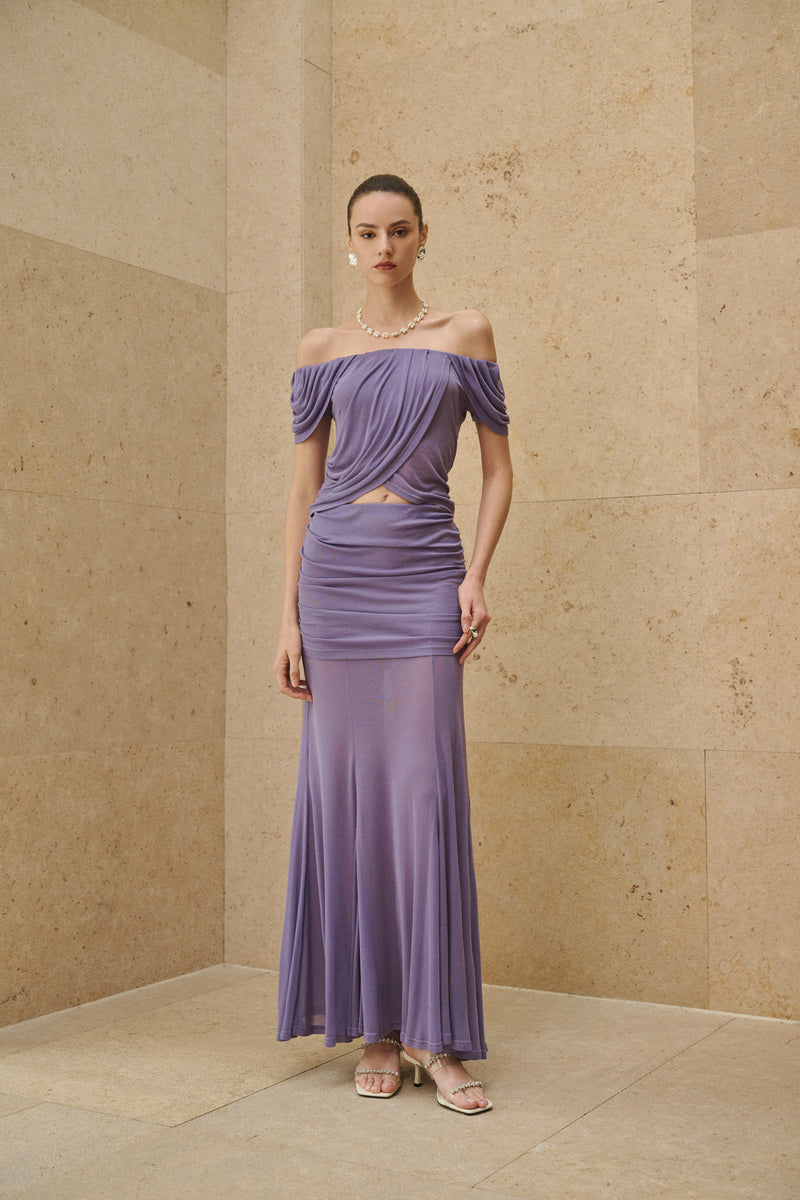 Draped off-shoulder ruched maxi set