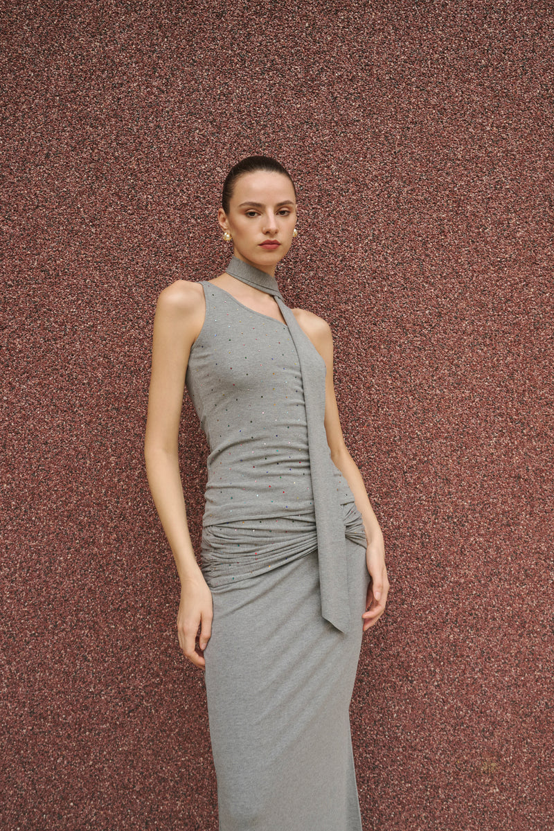 Draped tie asymmetric ruched maxi set