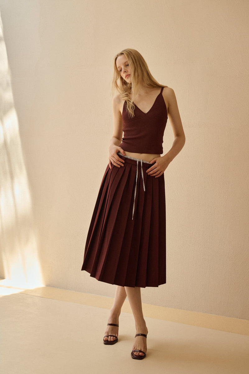 Drawstring double waist pleated skirt