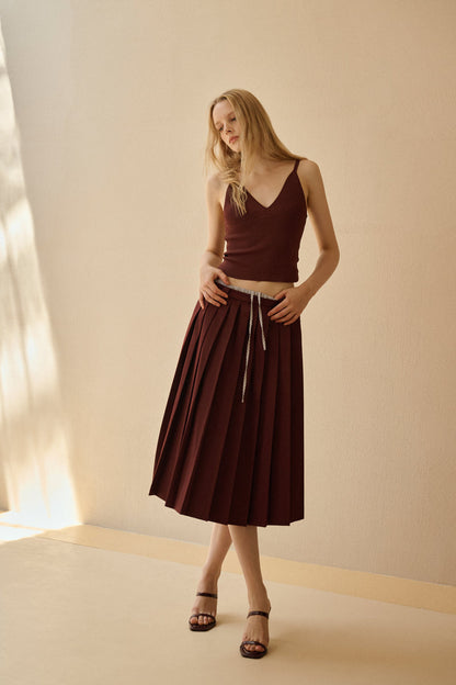 Drawstring double waist pleated skirt