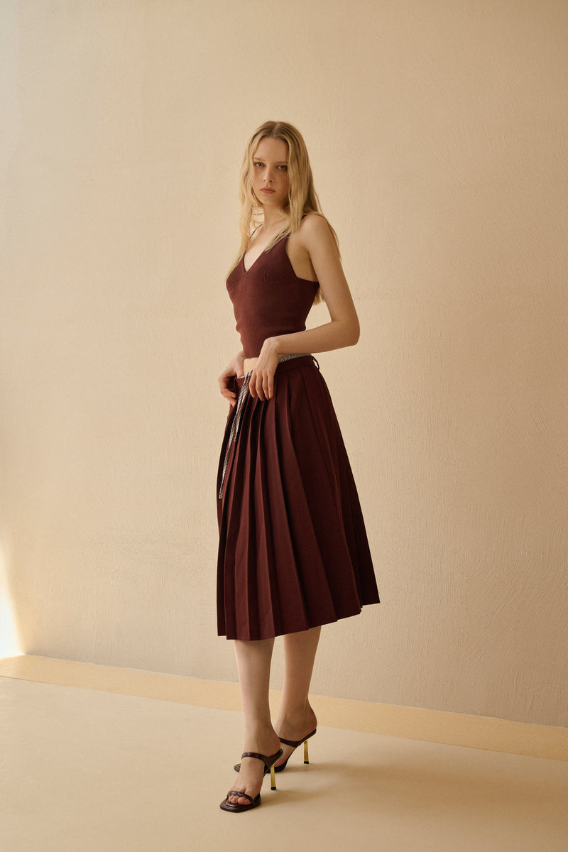 Drawstring double waist pleated skirt