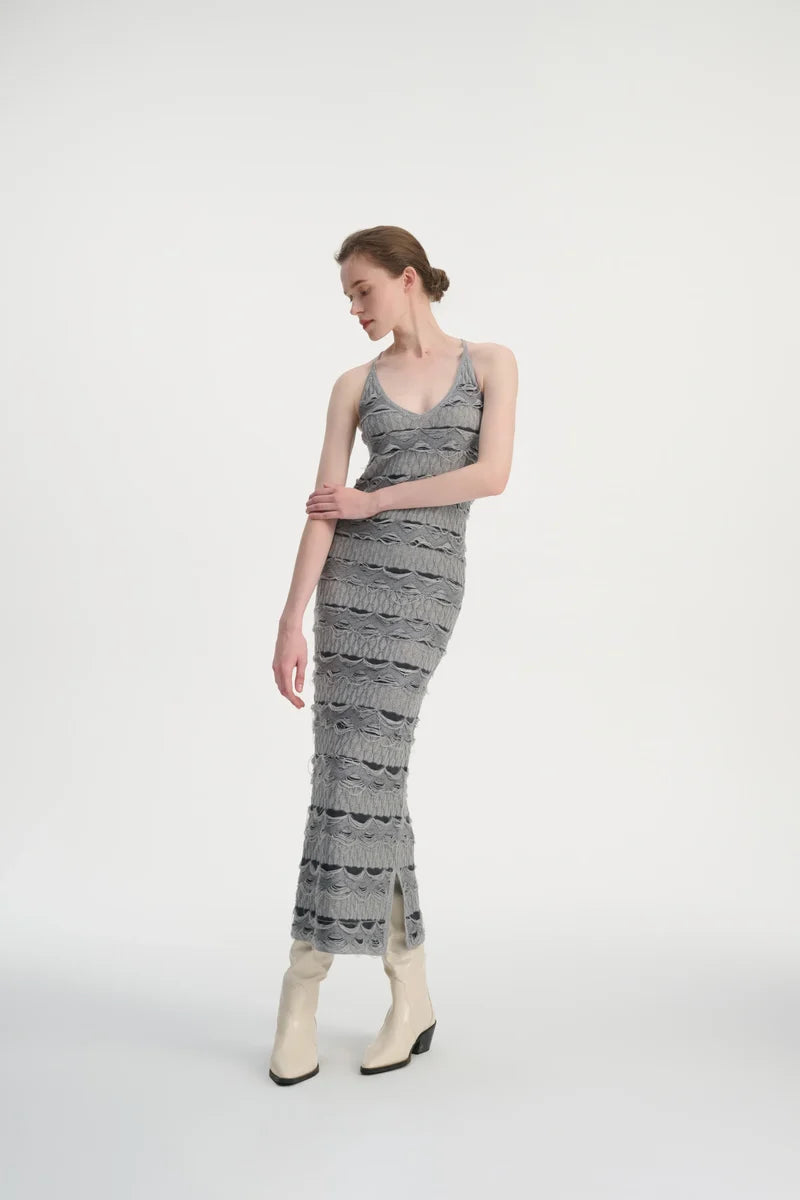 Drop stitch halter neck dress