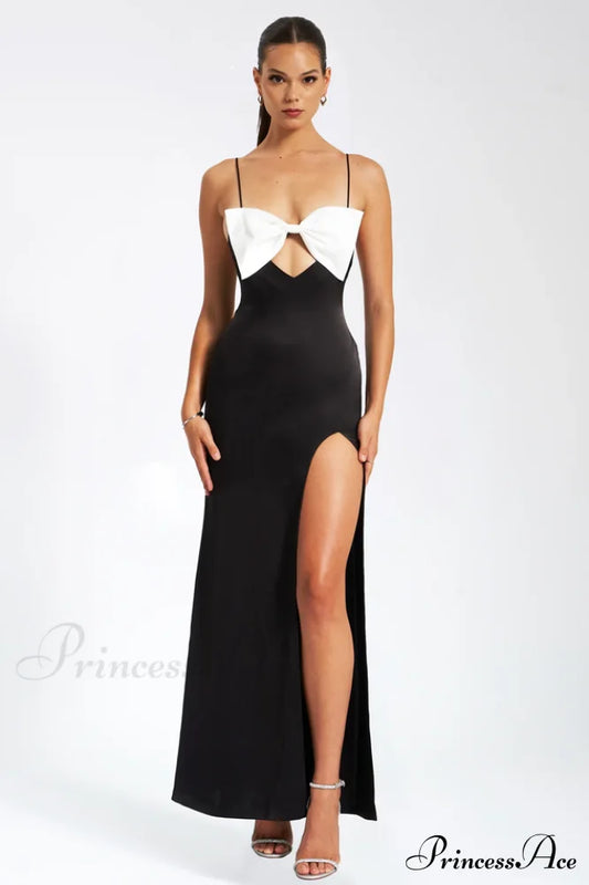 Eleanor Black & Charming White Bow Satin Gown