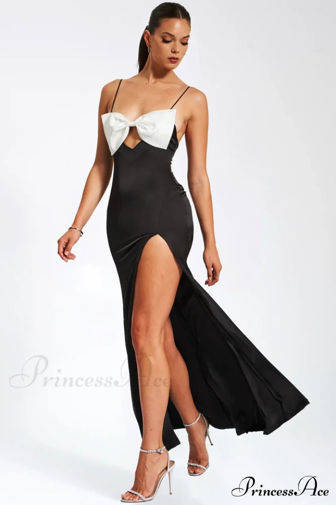 Eleanor Black & Charming White Bow Satin Gown