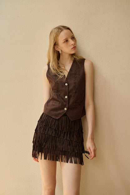 Embroidered faux suede vest
