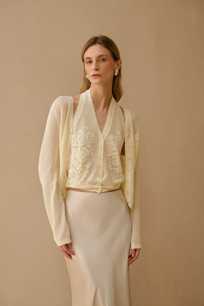 Embroidered openwork knit set