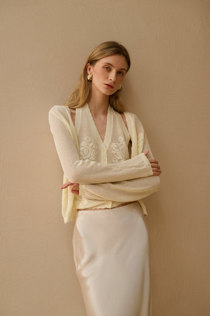 Embroidered openwork knit set